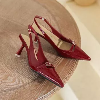 Женские босоножки Baotou Stiletto 2025: Острый носок, высокие каблуки, лакированная кожа, овчина, ремешок сзади бежевый