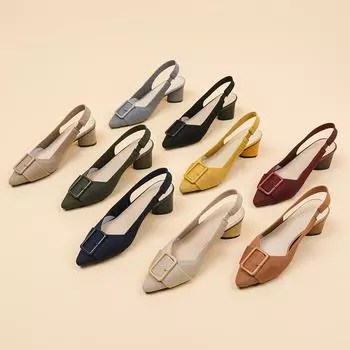 Женские босоножки большого размера с острым носком на толстом высоком каблуке, повседневные, с закрытым носком, однотонные, с пряжкой, трикотажные, размер 34-43 40