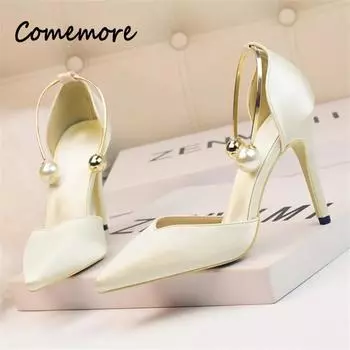 Женские босоножки Comemore, корейская мода, мягкие шелковые туфли с острым носком, женские босоножки для вечеринок, неглубокие 2024, элегантные туфли-лодочки с жемчугом, высокие каблуки 34 34 чёрный