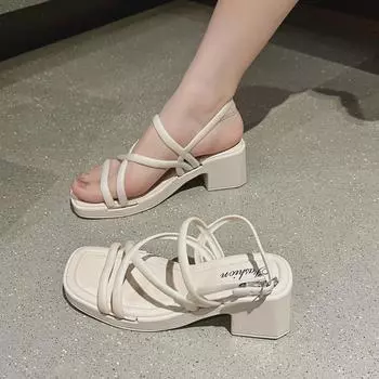 Женские босоножки Fairy-Style на толстом каблуке с ремешками 2024 года - Летняя мода на высоких каблуках 36-37
