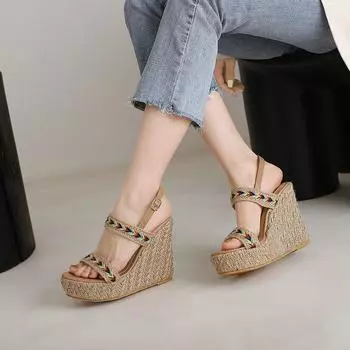 Женские босоножки Foreign Trade Bohemian Wedge Heel Super High Heel с открытым носком на платформе и танкетке на высоком каблуке Женские соломенные босоножки Beach 35 абрикосовый