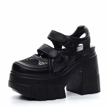 Женские босоножки из натуральной кожи, новые женские босоножки с сеткой на каблуке высотой 11 см, удобные босоножки на платформе и высоком каблуке, женские ботильоны 34 чёрный