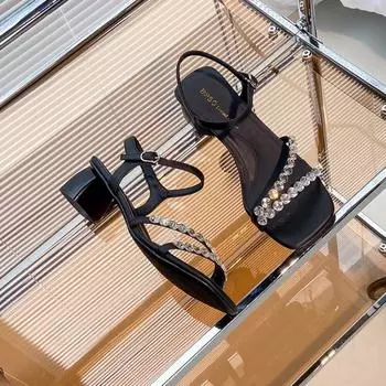 Женские босоножки, летние, белые, из искусственной кожи, с квадратным носком, с кристаллами, с пряжкой на высоком каблуке, акриловые, на шпильках, модные, для вечеринок, женские туфли 35