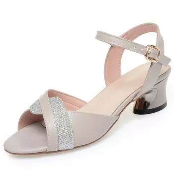 Женские босоножки летние на среднем каблуке с боковыми отверстиями женские туфли большого размера с одним ремешком студенческие сандалии женские 35 бежевый