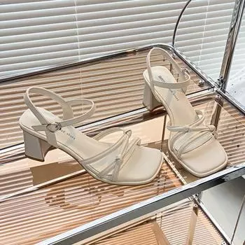 Женские босоножки, летние, новые, на квадратном каблуке, модные, римские, сандалии, черно-белые, с открытым носком, женские туфли, размер 33-40 33 серебряный