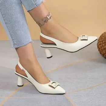 Женские босоножки, летние, новые, с заостренным носком и квадратной пряжкой, профессиональные туфли на высоком каблуке, модные, темпераментные, простые, сандалии на круглом каблуке 35 чёрный