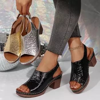 Женские босоножки летние ретро однотонные кожаные босоножки на покатом каблуке женские толстые туфли большого размера с рыбьим ртом на плоской подошве для женщин 36