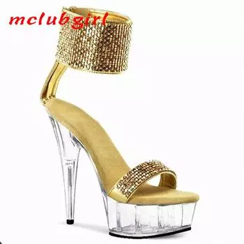 Женские босоножки летние, танцевальные туфли на тонком каблуке с кристаллами, с круглой головкой, со стразами, каблук 15 см, платформа 5 см, YKC 34 золотой