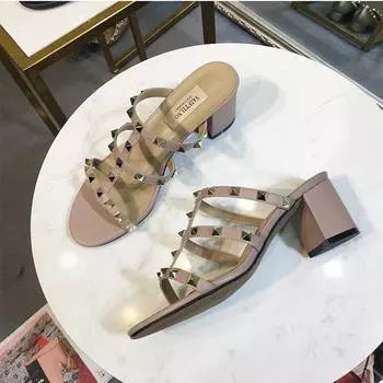 Женские босоножки Летние женские босоножки на каблуке Кожаные брендовые заклепки Высокие каблуки Гладиаторские женские туфли 41