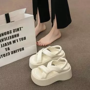 Женские босоножки, лето 2024 г., новые белые тапочки с толстой подошвой, женские босоножки на танкетке с бриллиантами и пайетками в форме рыбьего рта для девочек 35 чёрный