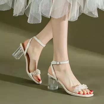 Женские босоножки Лето 2024 года, хрустальные туфли на высоком каблуке, универсальные босоножки, женская обувь, ремешок на щиколотке, пряжка, прозрачные босоножки на каблуке 34 бежевый
