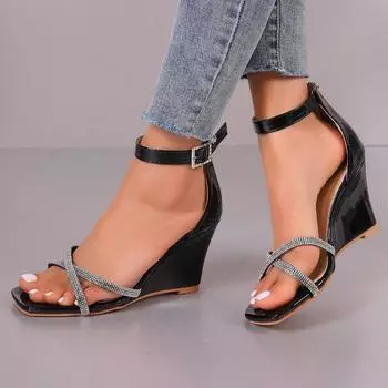 Женские босоножки Лето 2024 года на танкетке с высоким каблуком и пряжкой на ремне со стразами Модная женская обувь Повседневная однотонная обувь большого размера Сандалии женские 35 коричневый