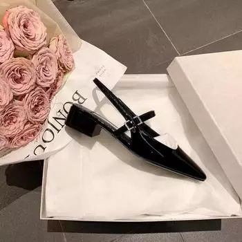 Женские босоножки Мэри Джейн с квадратным носком во французском стиле и пряжкой на массивном каблуке с открытой пяткой 34 чёрный