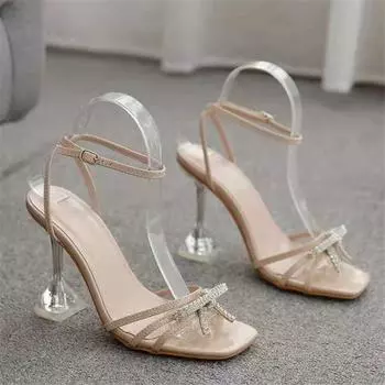 Женские босоножки модные банты на высоком каблуке женские туфли со стразами пряжка бокал для вина и босоножки 35 чёрный