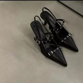 Женские босоножки модные с острым носком на шпильке с неглубоким носком 2024 новые босоножки летние сексуальные элегантные повседневные женские босоножки на низком каблуке 35 чёрный