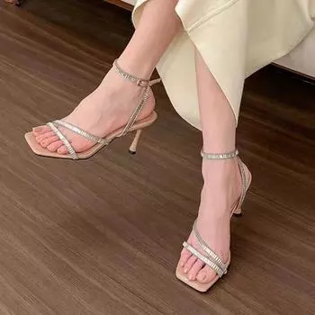 Женские босоножки модные со стразами узкие ремешки брендовые дизайнерские туфли на высоком каблуке летние универсальные женские босоножки с квадратным носком и открытым носком 35 абрикосовый