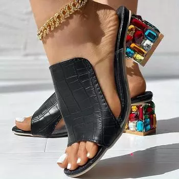 Женские босоножки на блочном каблуке, модные туфли без шнуровки на низком каблуке со стразами, повседневные сандалии 35