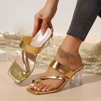 Женские босоножки на блочном каблуке, модные туфли на высоком каблуке с открытым квадратным носком, стильные туфли для вечеринок и банкетов 40 золотой