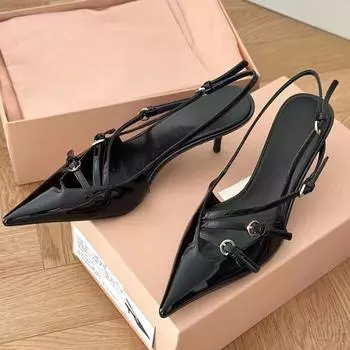 Женские босоножки на каблуках Сексуальные туфли на плоской подошве с узким ремешком и пряжкой Женские остроносые босоножки на тонком каблуке Свадебные босоножки для вечеринок Туфли-мюли 35 чёрный