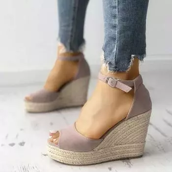 Женские босоножки на каблуке, обувь на танкетке с открытым носком, женские туфли-лодочки, пляжные сандалии, эспадрильи 44 чёрный