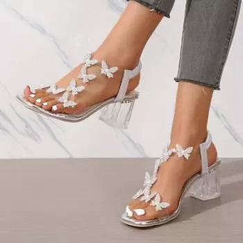 Женские босоножки на массивном каблуке, квадратные туфли на среднем каблуке с открытым носком и искусственным жемчугом, украшенные стразами, стильные босоножки на эластичном ремешке 35 чёрный