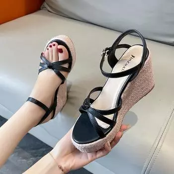 Женские босоножки на очень высоком каблуке, туфли на платформе, женские босоножки-гладиаторы на танкетке из конопли, женские босоножки с ремешком на щиколотке в стиле бохо, женские босоножки 4.5 абрикосовый