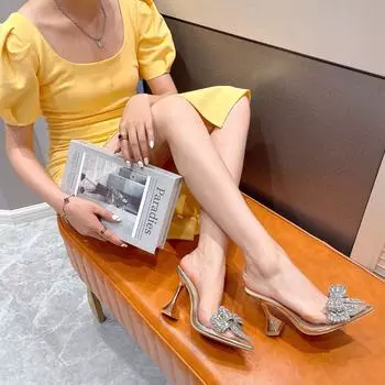 Женские босоножки на шпильке со стразами и прозрачным ремешком сзади 2024 года 41