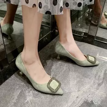 Женские босоножки на среднем каблуке, черные, с квадратной пряжкой, с острым носком, на тонком каблуке, туфли Baotou Banquet на высоком каблуке, женская обувь Tacones Mujer 35 чёрный