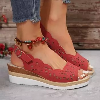 Женские босоножки на танкетке 2024 года, летние повседневные пляжные босоножки с открытым носком, туфли на низком каблуке для женщин, красные босоножки Sandalias De Mujer 36 чёрный