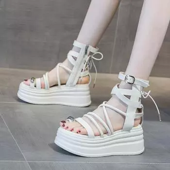 Женские босоножки на танкетке 2024 года, летние босоножки на платформе, гладиаторские туфли, женские удобные повседневные босоножки на среднем каблуке, zapatos mujer 35 чёрный