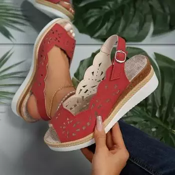 Женские босоножки на танкетке 2024 года, летние повседневные пляжные босоножки с открытым носком, туфли на низком каблуке для женщин, красные босоножки Sandalias De Mujer 36 чёрный