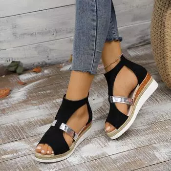 Женские босоножки на танкетке 2024 года, летняя мода, сексуальные пляжные туфли на платформе для женщин, удобные повседневные мягкие босоножки на среднем высоком каблуке для женщин 36 абрикосовый