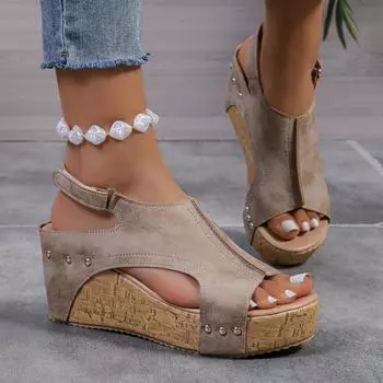 Женские босоножки на танкетке 2024 года, новые модные босоножки для лета, удобные пляжные босоножки на платформе, повседневная обувь для женщин 35 бежевый