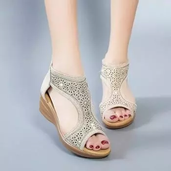 Женские босоножки на танкетке 2024 года, удобные женские туфли на молнии в этническом стиле, летние пляжные бохо-сандалии для женщин, праздничная обувь 35 бежевый