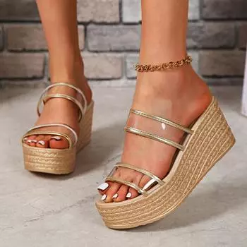 Женские босоножки на танкетке 2025 года, летняя мода, круглый носок, сексуальные открытые носки, высокие каблуки, элегантные удобные женские тапочки, размер 35-42 35 серебряный