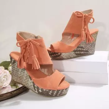 Женские босоножки на танкетке европейского и американского размера 2025 года, весна-лето, с бахромой, на высоком каблуке, с платформой «рыбий рот», женские туфли-муфы 35 чёрный