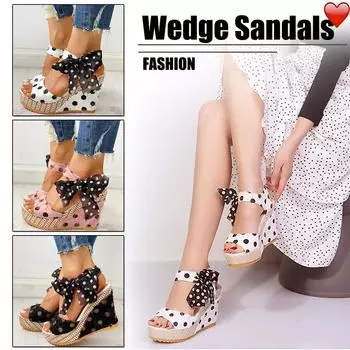 Женские босоножки на танкетке и каблуке, модная обувь на шнуровке в горошек, обувь 35 чёрный