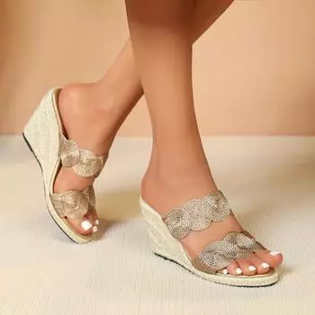 Женские босоножки на танкетке из пеньковой веревки, новые сексуальные, новые модные, простые, с наклонным каблуком, водонепроницаемые, столовое белье, соломенная тачка LFD-11011-13 34 чёрный