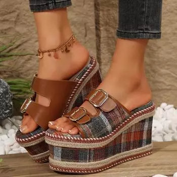 Женские босоножки на танкетке, каблук 12 см, тапочки на платформе, летняя удобная обувь 36