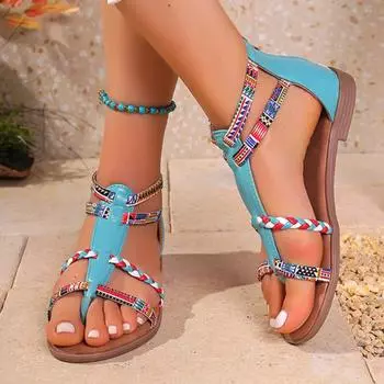 Женские босоножки на танкетке, летние бохо, со стразами, повседневные босоножки на платформе, женские туфли с открытым носком, пляжная обувь для отдыха, размер плюс 43 35 чёрный