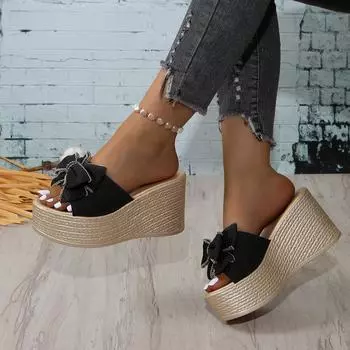Женские босоножки на танкетке, летние босоножки на платформе, плоский каблук, элегантный бант 2024, новые модные повседневные шлепанцы с открытым носком, женские тапочки 35 бежевый