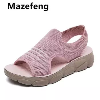 Женские босоножки на танкетке, летние босоножки на платформе, женская обувь, женские слипоны с открытым носком, вязаные женские кроссовки, повседневная модель 2024 г. 35 серый