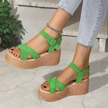 Женские босоножки на танкетке, лето 2024, новые модные повседневные сандалии, нескользящие туфли на платформе с открытым носком для женщин Sandalias De Mujer 35 зелёный