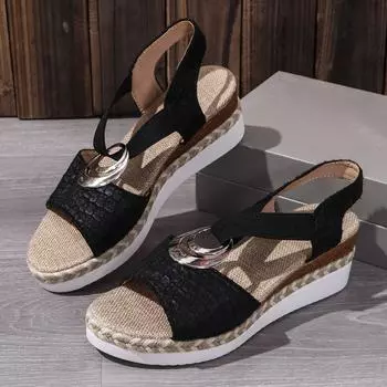 Женские босоножки на танкетке, лето 2024, сандалии на платформе со змеиным принтом, обувь-гладиатор, женские удобные повседневные сандалии на среднем высоком каблуке 36 чёрный