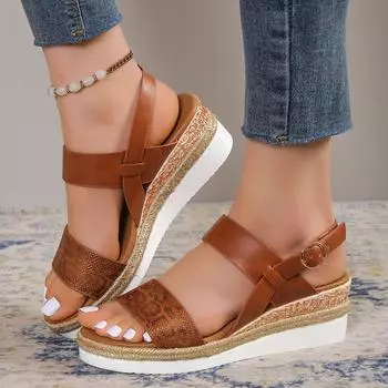 Женские босоножки на танкетке Lucyever со змеиным принтом 2024 года, летние босоножки на платформе больших размеров, женские повседневные нескользящие пляжные сандалии 36 легкие хаки