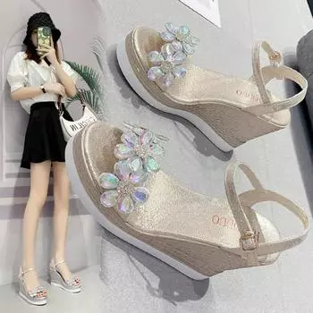 Женские босоножки на танкетке, новинка 2024 года, летние модные сетчатые женские сандалии на платформе и высоком каблуке, сексуальное вечернее платье, женские сандалии 35 золотой