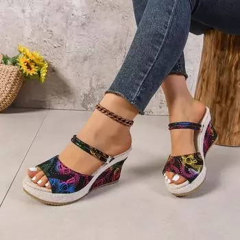 Женские босоножки на танкетке Новые летние повседневные туфли на платформе Женские босоножки на высоком каблуке с открытым носком Женские сандалии Sandalias De Mujer 36