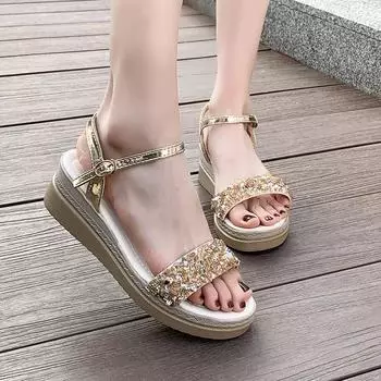 Женские босоножки на танкетке с блестками, летняя современная обувь с неглубокой пряжкой для женщин, спортивные сандалии, большой размер 43, сандалии с открытым носком, женская обувь 35