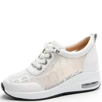 Женские босоножки на танкетке с блочным каблуком, сетчатая поверхность, женская обувь, дышащая повседневная обувь, кроссовки для тенниса на шнуровке, толстая подошва, каблук 6 см 34 белый