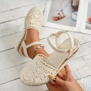 Женские босоножки на танкетке с цветочным принтом, верхом из плотной дышащей ткани, Т-образным ремешком и кружевной отделкой, круглым носком на среднем каблуке 36 бежевый